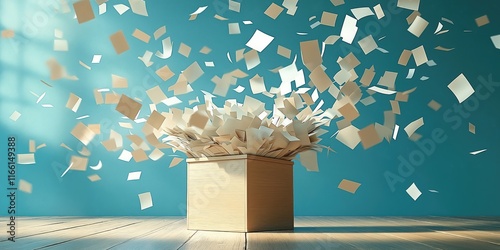 Animated suggestion box overflowing with creative ideas and feedback. Papers fly out of light wooden box. Background is light teal. Wooden floor. Humorous image. photo
