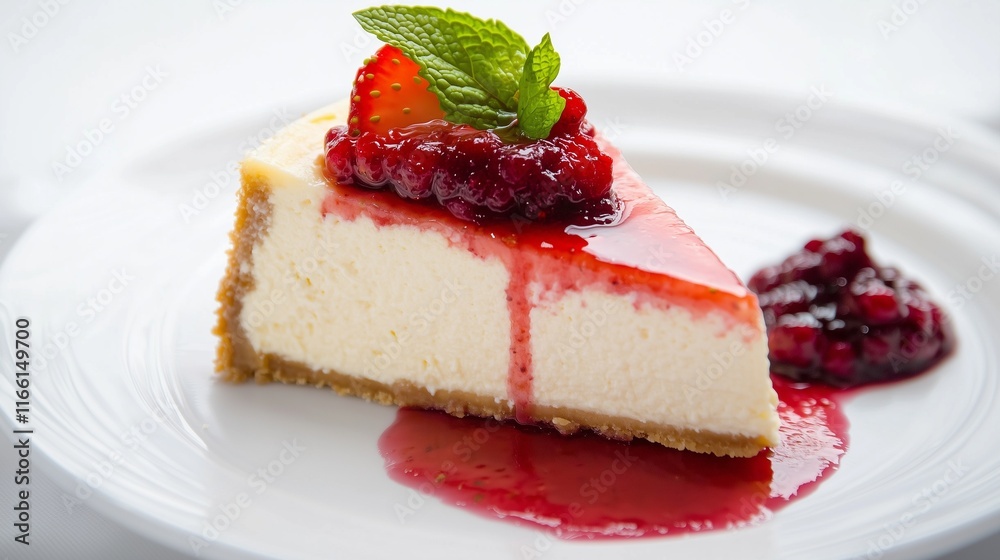 A decadent slice of New York-style cheesecake topped with a glossy strawberry compote and a mint leaf, served on a white plate with a drizzle of berry sauce on the side.