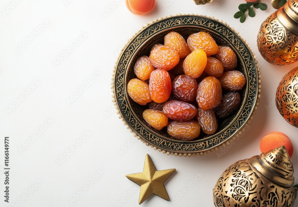 Decorative bowl filled with various dates surrounded by ornate lanterns and colorful treats, creating a festive and inviting atmosphere for celebrations. Decorative bowl filled with various dates surrounded by ornate lanterns and colorful treats, creating a festive and inviting atmosphere for celebrations.