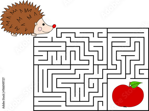 Game maze for kid. Hedgehog looking for a way to the apple.