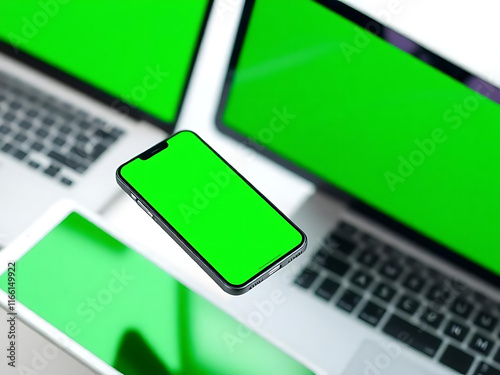 an image of a green screen mobile phone floating mid air, also showing two green screen laptop in the background  photo