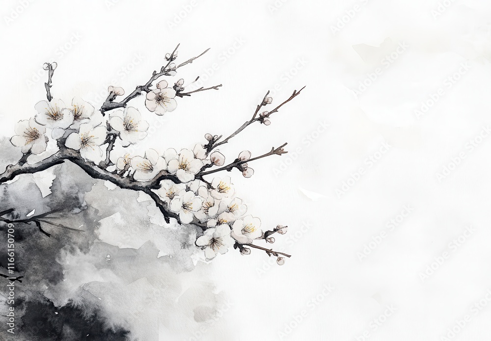 Delicate Blossom Branch in Watercolor Style, Featuring Soft White Flowers Against a Subtle Monochrome Background, Ideal for Nature and Spring Themes Delicate Blossom Branch in Watercolor Style, Featuring Soft White Flowers Against a Subtle Monochrome Background, Ideal for Nature and Spring Themes