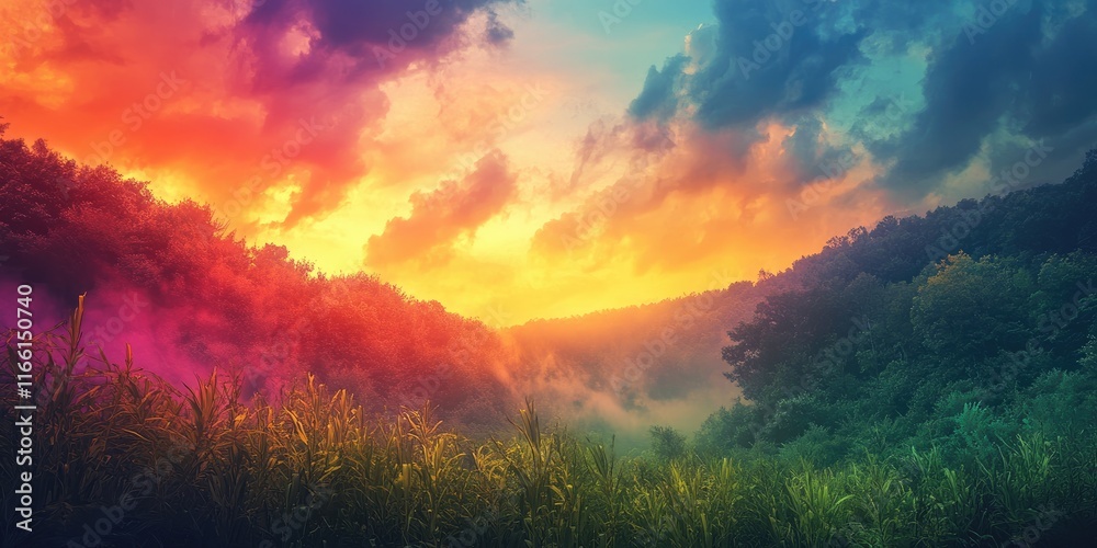 Obraz premium Vibrant Sunset Over Misty Forest Valley Landscape