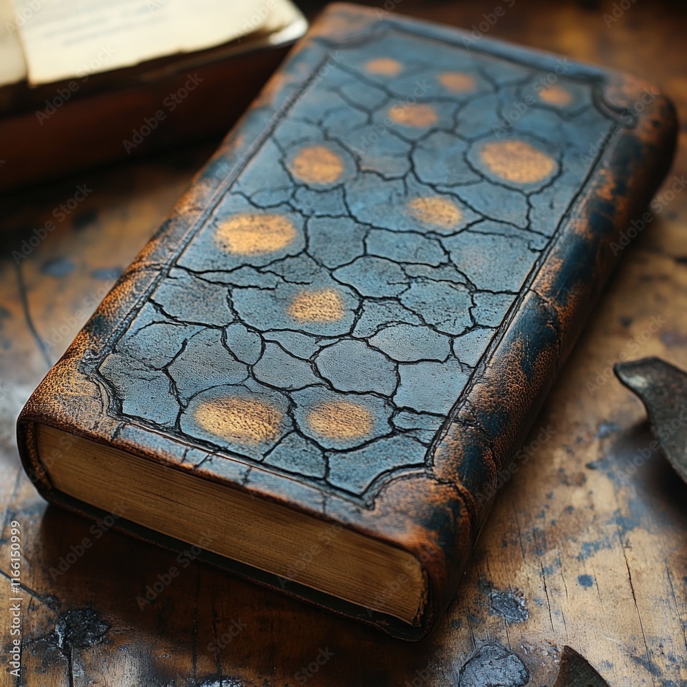 Obraz premium Antique book, cracked leather cover, aged pages.