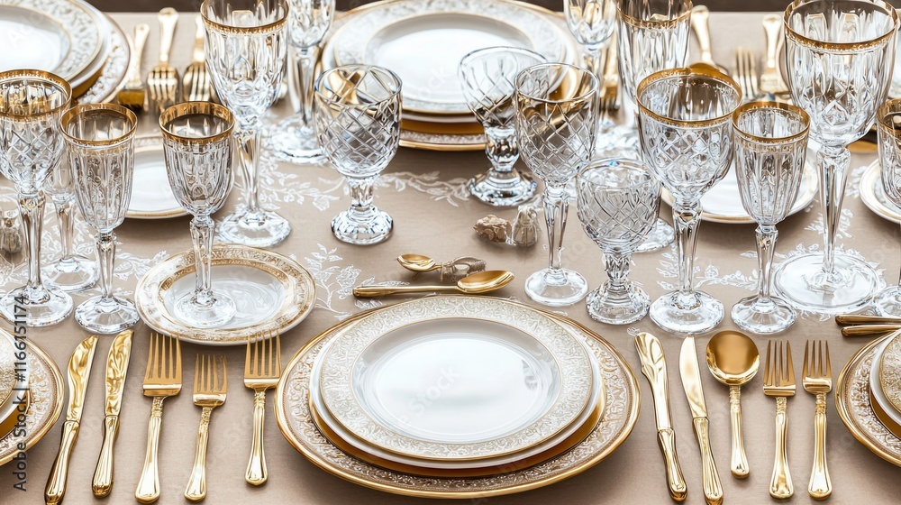 Elegant table setting with fine china and crystal glassware. Elegant table setting with fine china and crystal glassware.