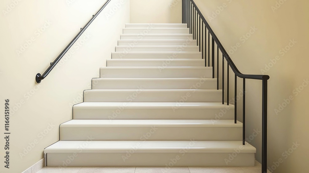 A clean, modern staircase leading upwards with a simple railing. A clean, modern staircase leading upwards with a simple railing.