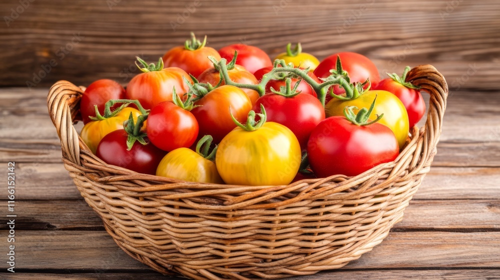 Fresh Tomatoes in a Basket on Wooden Table Fresh Tomatoes in a Basket on Wooden Table