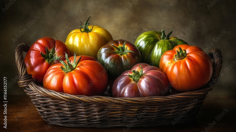 Fresh Tomatoes in a Basket with Dramatic Lighting Fresh Tomatoes in a Basket with Dramatic Lighting