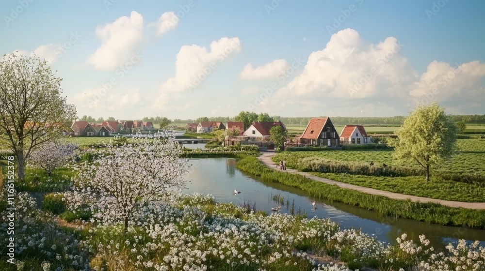 Organic farming in Netherlands, rows of white blossoming pear trees on fruit orchards in Zeeland Organic farming in Netherlands, rows of white blossoming pear trees on fruit orchards in Zeeland