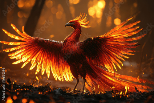 A fiery phoenix, wings ablaze, rises from ashes, symbolizing rebirth and immortality in a dramatic, golden sunset.