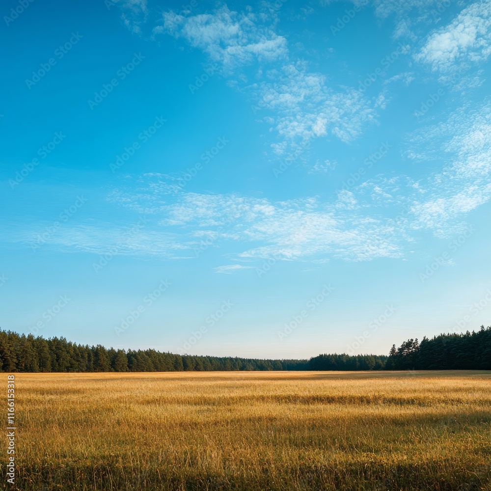Expansive Golden Field Under a Clear Blue Sky With Scattered Clouds Near a Dense Forest in the Early Evening Light Expansive Golden Field Under a Clear Blue Sky With Scattered Clouds Near a Dense Forest in the Early Evening Light