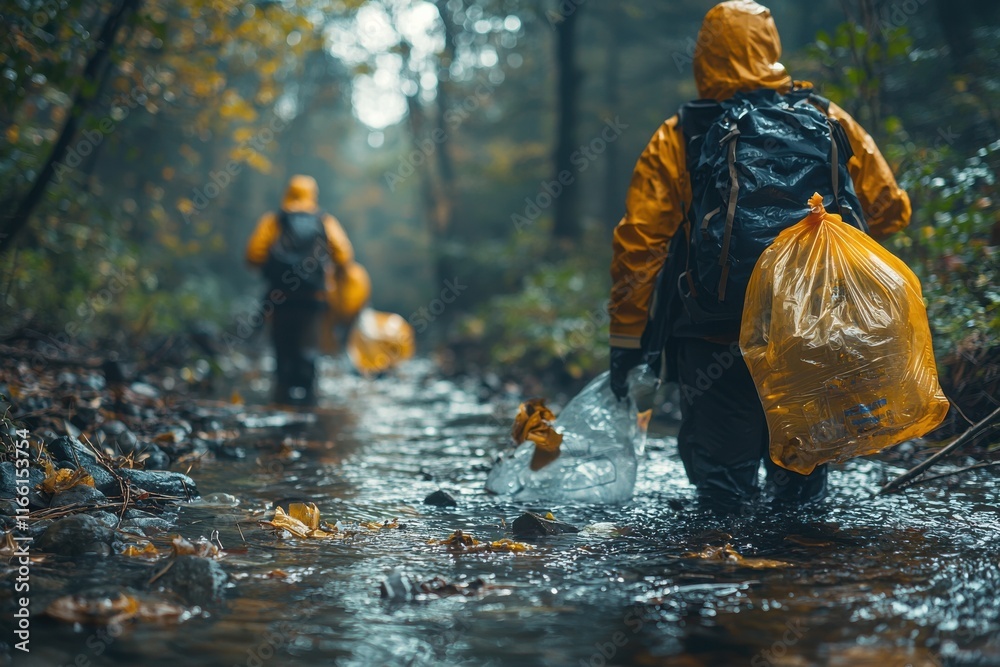 Volunteers collect trash while wading through a stream during a rainy cleanup event in a forested area Volunteers collect trash while wading through a stream during a rainy cleanup event in a forested area