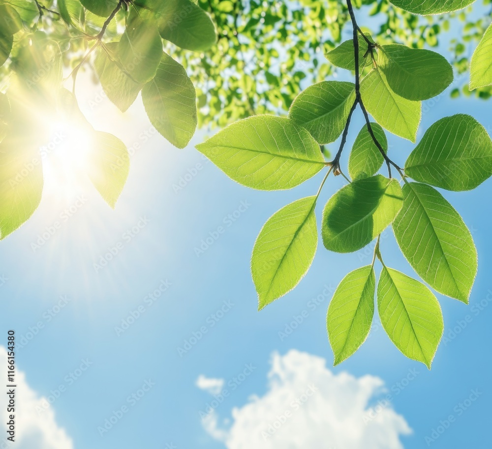 Obraz premium Sunlight Filters Through Vibrant Green Leaves Against a Clear Blue Sky During a Bright Afternoon in a Tranquil Outdoor Setting