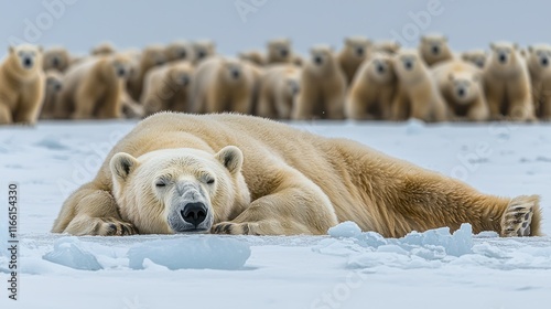 Polar bear resting on ice with cubs in background. photo