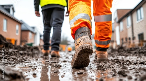 Stylish person in yellow jacket and orange pants navigates wet city street with colorful confidence photo