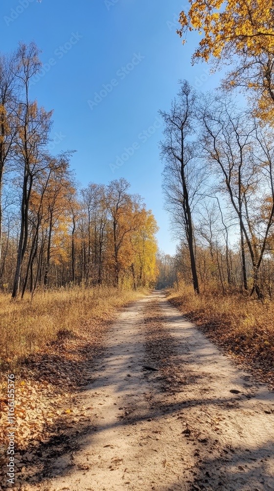 Golden Autumn Landscape on a Dirt Path Through a Tranquil Forest in the Late Afternoon Light Golden Autumn Landscape on a Dirt Path Through a Tranquil Forest in the Late Afternoon Light