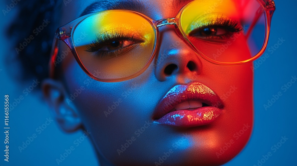 Stylish woman with vibrant sunglasses on a bold background Stylish woman with vibrant sunglasses on a bold background