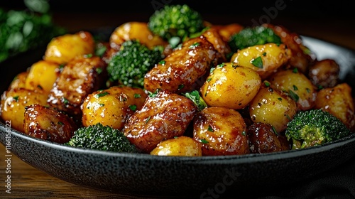 Roasted pork with potatoes and broccoli. photo