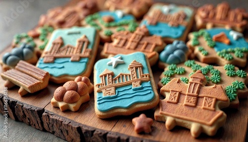 Cityscape Design Cookies on Wood photo