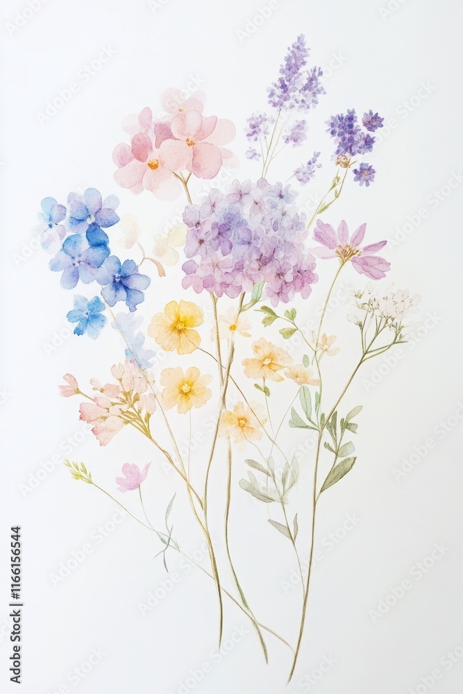 Obraz premium Colorful Bouquet of Assorted Wildflowers in Soft Pastel Hues Displayed on a White Background