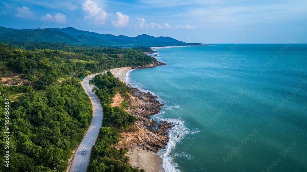 Fototapeta premium Scenic Coastal Road Winding Through Lush Green Hills Along the Serene Blue Waters of the Ocean in a Tropical Paradise