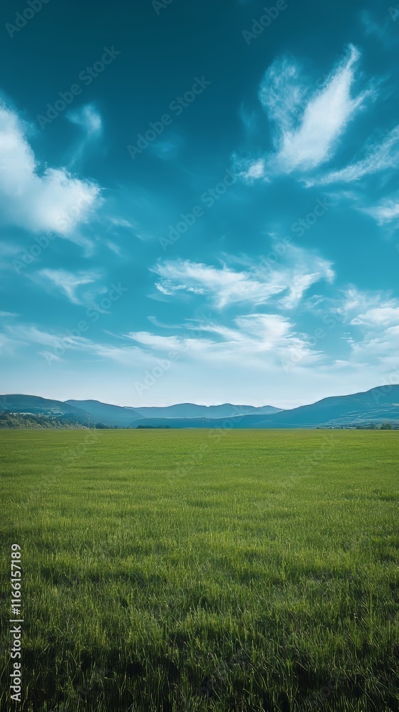 Expansive Green Field Under a Bright Blue Sky With Scattered Clouds and Distant Mountains in Late Afternoon Light Expansive Green Field Under a Bright Blue Sky With Scattered Clouds and Distant Mountains in Late Afternoon Light