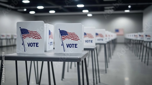 US election voting booths in polling station. Many voting booths lined up in row. American flags visible on of signs. People ready to vote in serious election. Setting modern polling station. Booths