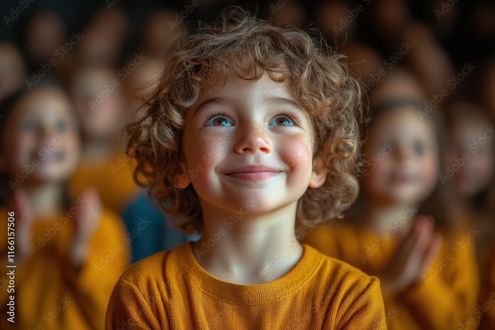 Joyful child enjoying performance in a crowded theater filled with young audience members clapping together Joyful child enjoying performance in a crowded theater filled with young audience members clapping together