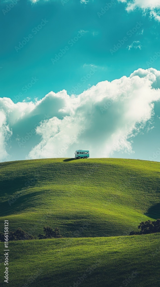 Van on a Lush Green Hill Under a Cloudy Sky Van on a Lush Green Hill Under a Cloudy Sky