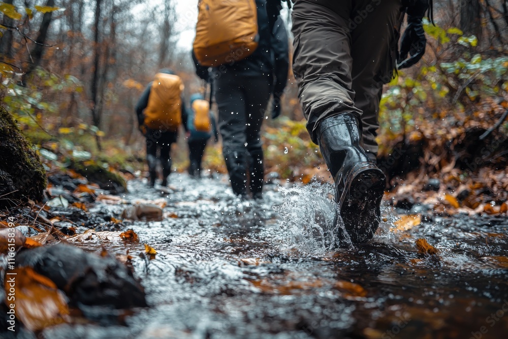 Hikers navigate a stream on a damp autumn day while enjoying nature's beauty in a forest setting Hikers navigate a stream on a damp autumn day while enjoying nature's beauty in a forest setting
