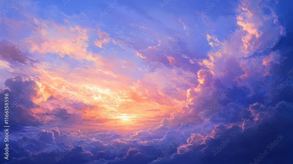Colorful Sunset Sky With Dramatic Clouds Over a Serene Horizon Creating a Peaceful and Majestic Evening Atmosphere Colorful Sunset Sky With Dramatic Clouds Over a Serene Horizon Creating a Peaceful and Majestic Evening Atmosphere