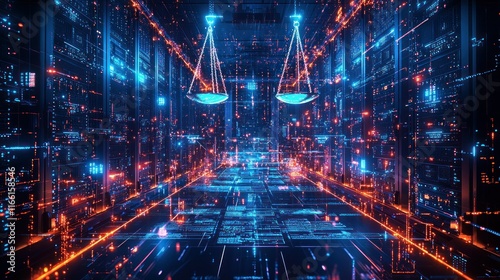 Scales of justice in digital cyberspace. photo