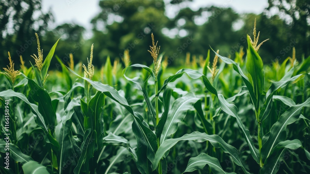 Obraz premium Lush Corn Field Under Overcast Sky