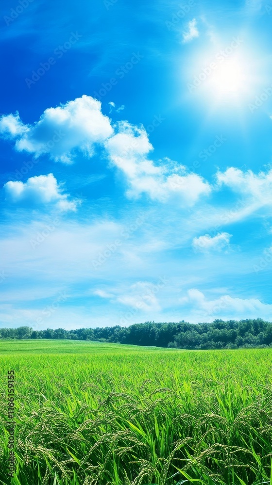 Obraz premium Bright Sunny Day Over Lush Green Fields With Scattered Clouds and a Vibrant Blue Sky Capturing the Essence of Rural Tranquility and Natural Beauty
