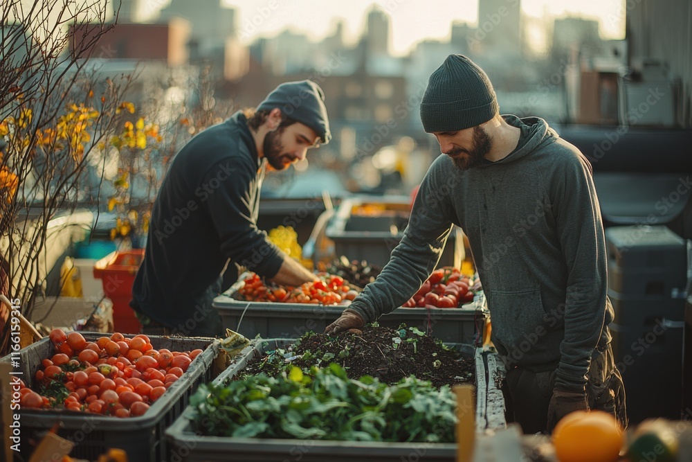 Community gardeners cultivate fresh produce on urban rooftop during sunny afternoon Community gardeners cultivate fresh produce on urban rooftop during sunny afternoon