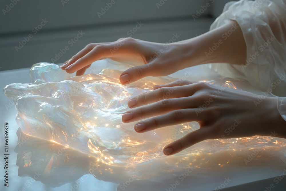 Hands gently caress a luminous, translucent, amorphous form, emitting soft light. Hands gently caress a luminous, translucent, amorphous form, emitting soft light.