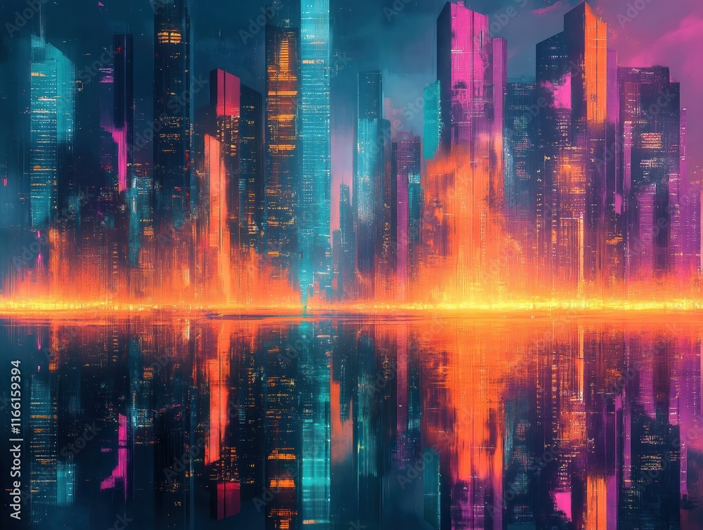 Naklejka premium Futuristic city at night. Glowing skyscrapers, vibrant colors. Abstract urban landscape. Tech city skyline reflected on water. Modern architecture in neon lights. Night view of metropolis. Colorful
