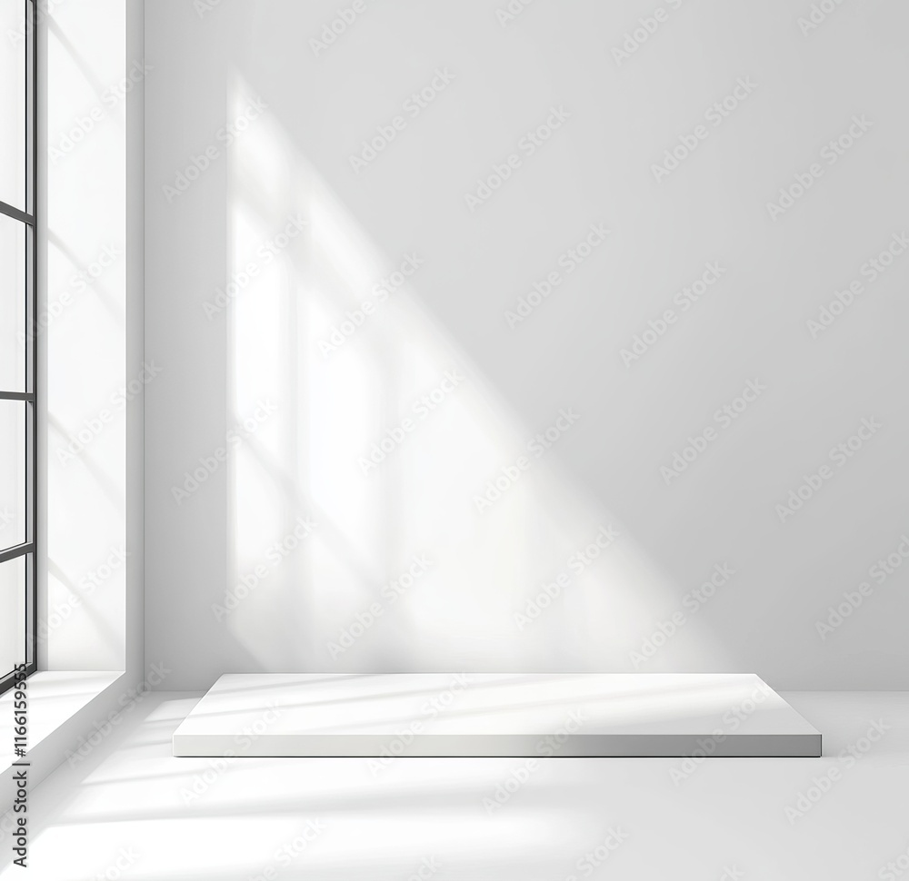 Obraz premium Bright Interior Space With Minimalist Design Featuring a Sunlight-Drenched Corner and a Sleek Platform Nearby