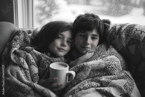 Cozy siblings snuggled under blankets while enjoying hot chocolate on a snowy day photo