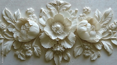 Intricate white floral bas-relief carving on textured background. photo