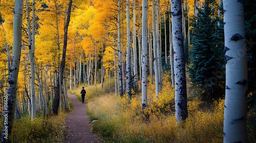 Person hiking on a trail through golden aspen trees in autumn.