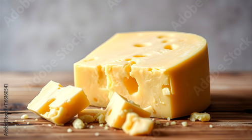 cheese on wooden board,graviera cheese on a wooden surface with a gray background photo