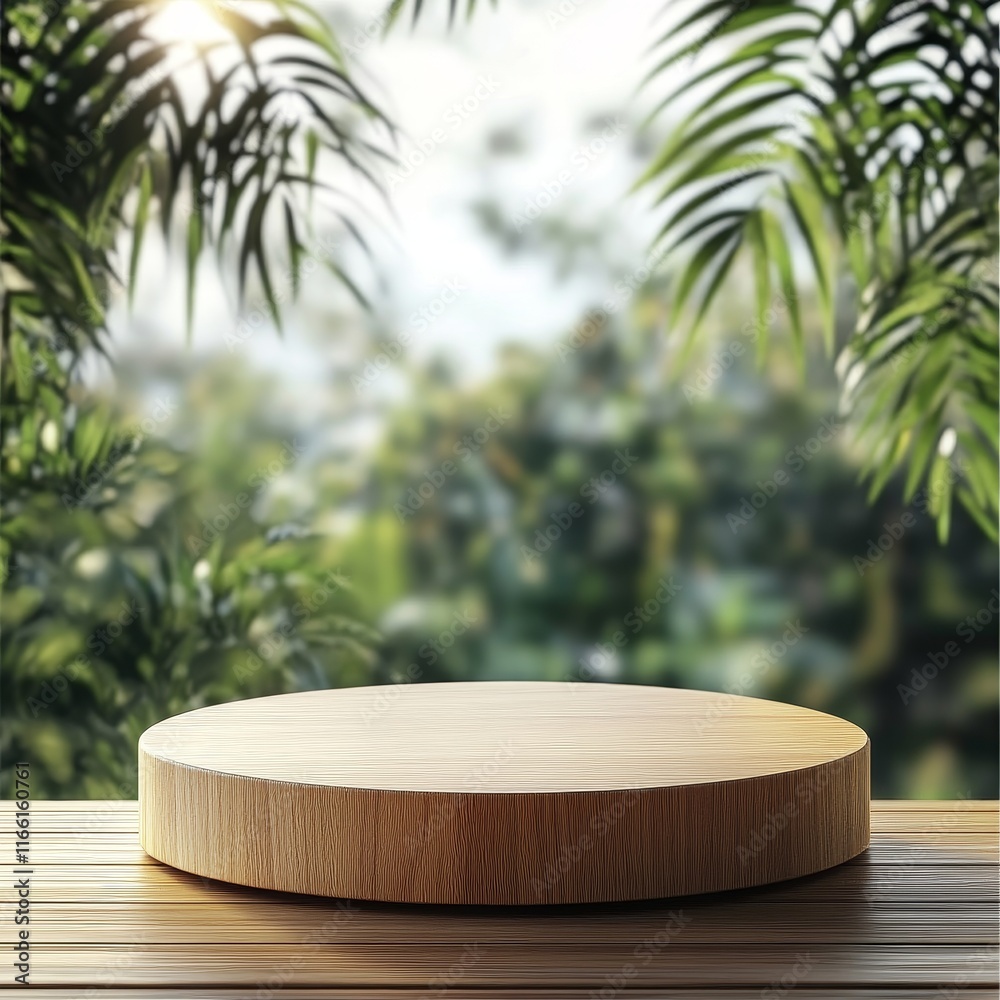 Wooden Display Platform Surrounded by Lush Greenery in Bright Daylight Showcasing Natural Elements and Inviting Atmosphere for Various Uses Wooden Display Platform Surrounded by Lush Greenery in Bright Daylight Showcasing Natural Elements and Inviting Atmosphere for Various Uses