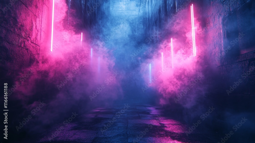 Fototapeta premium Neon Lights Illuminate a Mysterious Corridor Filled With Colorful Mist in an Atmospheric Urban Setting at Night