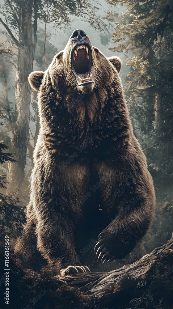 Fototapeta premium A grizzly bear roaring in the forest