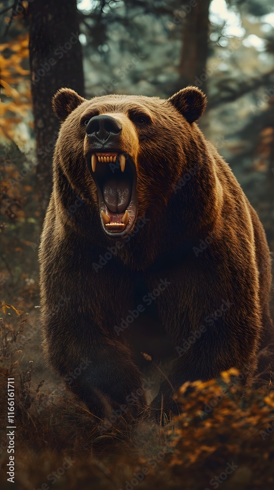 A grizzly bear roaring in the forest A grizzly bear roaring in the forest