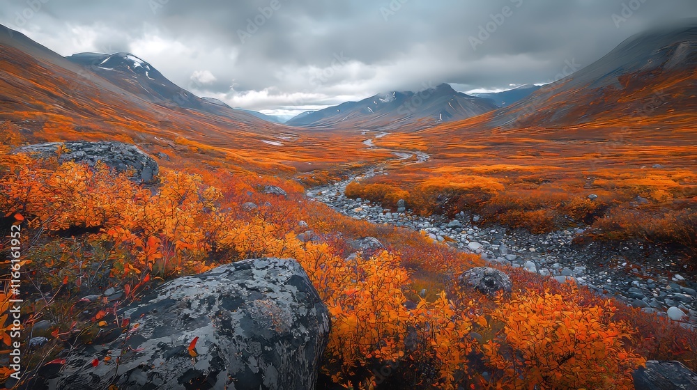 Fototapeta premium Vibrant Autumn Colors Adorn a Serene Valley Landscape With Rocky Terrain and Flowing River Under a Moody Sky