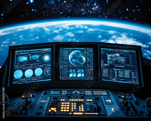 Fototapeta Naklejka Na Ścianę i Meble -  Futuristic spaceship control panel with Earth view.  High-tech monitors display data, showcasing global connectivity and space exploration.