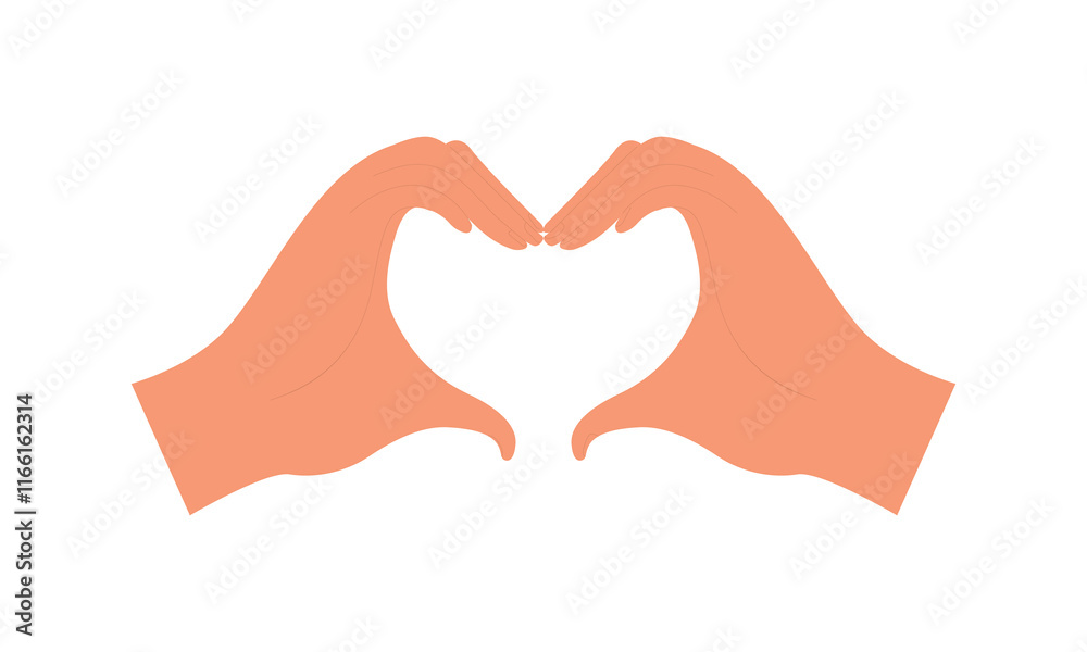 Fototapeta premium Heart-shaped two hands, fingers forming, making love symbol. Liking gesture, showing support and trust. Romantic relationship expression. Flat vector illustration isolated on white background.