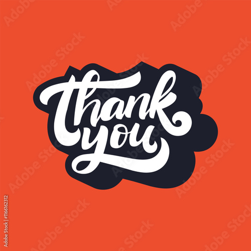 Hand-drawn bold white script 'Thank You' with navy 3D outline in a cloud shape, set on vibrant coral-orange. Modern playful design for cards, social media. Clean